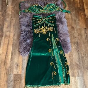 Green and Gold Velvet, Beaded Belly Dance Top & Skirt